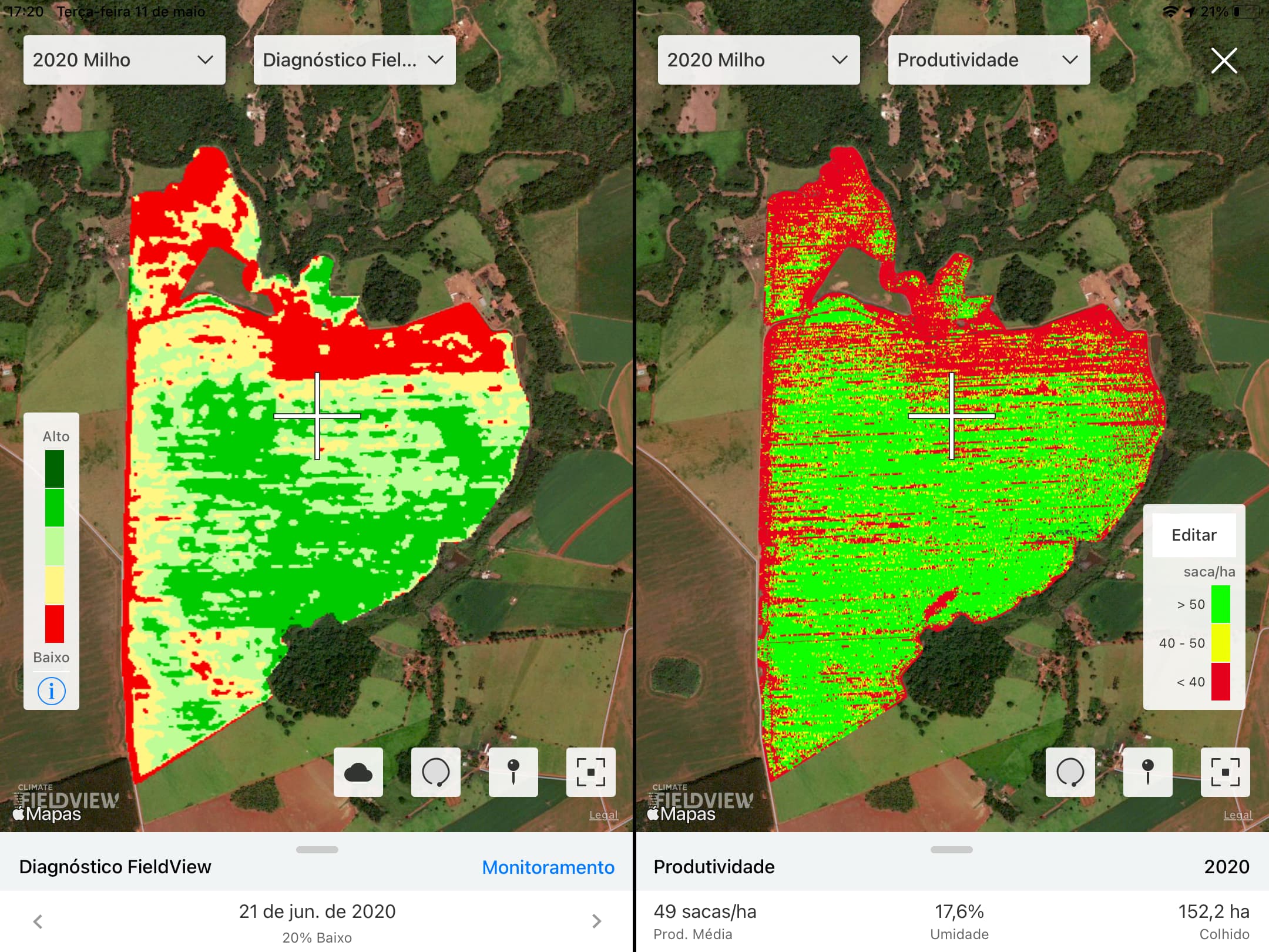 A Imagem do Diagnóstico FieldView permite analisar o índice de biomassa do talhão e depois pode ser comparada a produtividade obtida na mesma área após a colheita