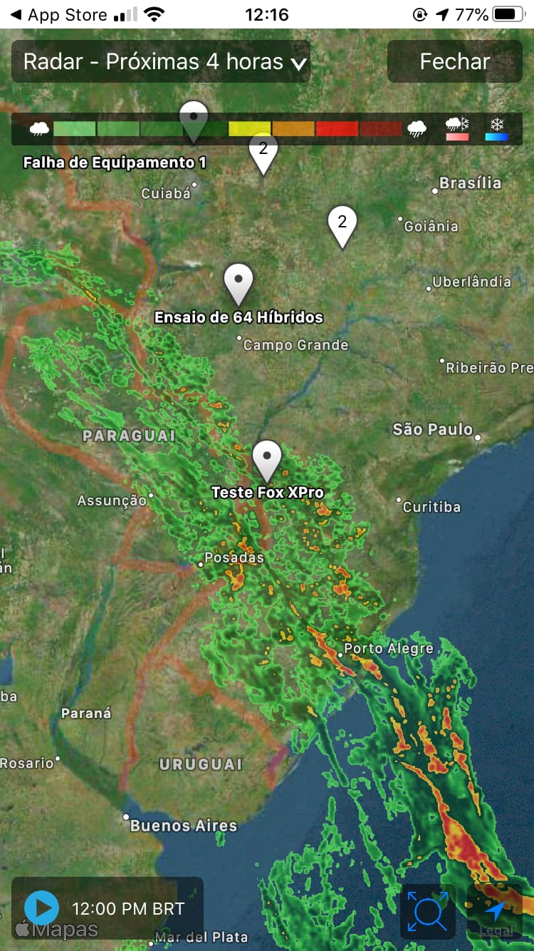 A funcionalidade Radar Meteorológico, do FieldView, traz o acumulado de chuvas e faz previsão de precipitações para as próximas h