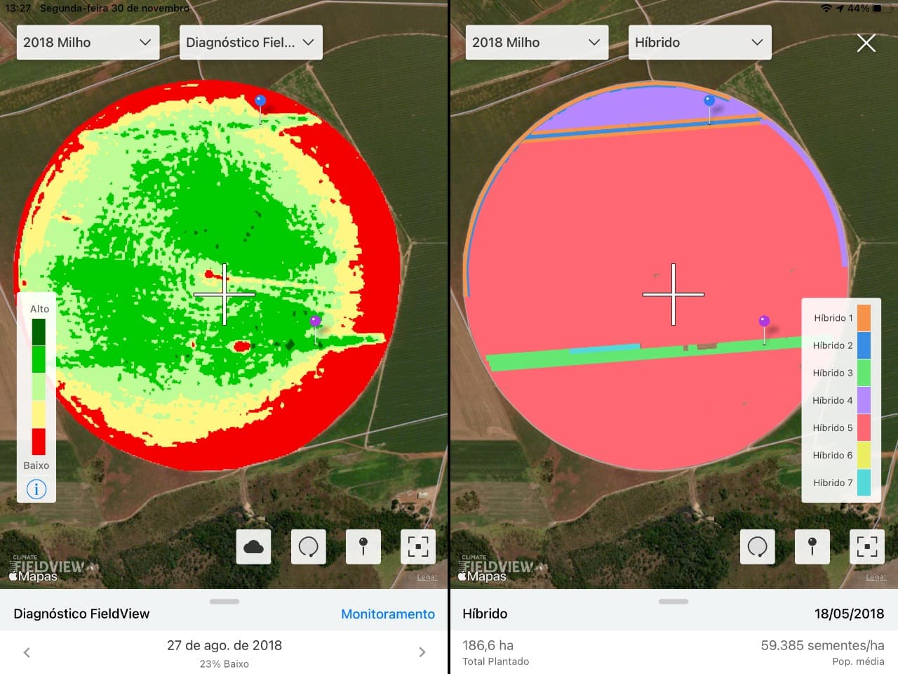 Ao comparar o Mapa do Diagnósitico FieldView com o Mapa de híbridos do talhão é possível identificar o material com melhor desempenho na área