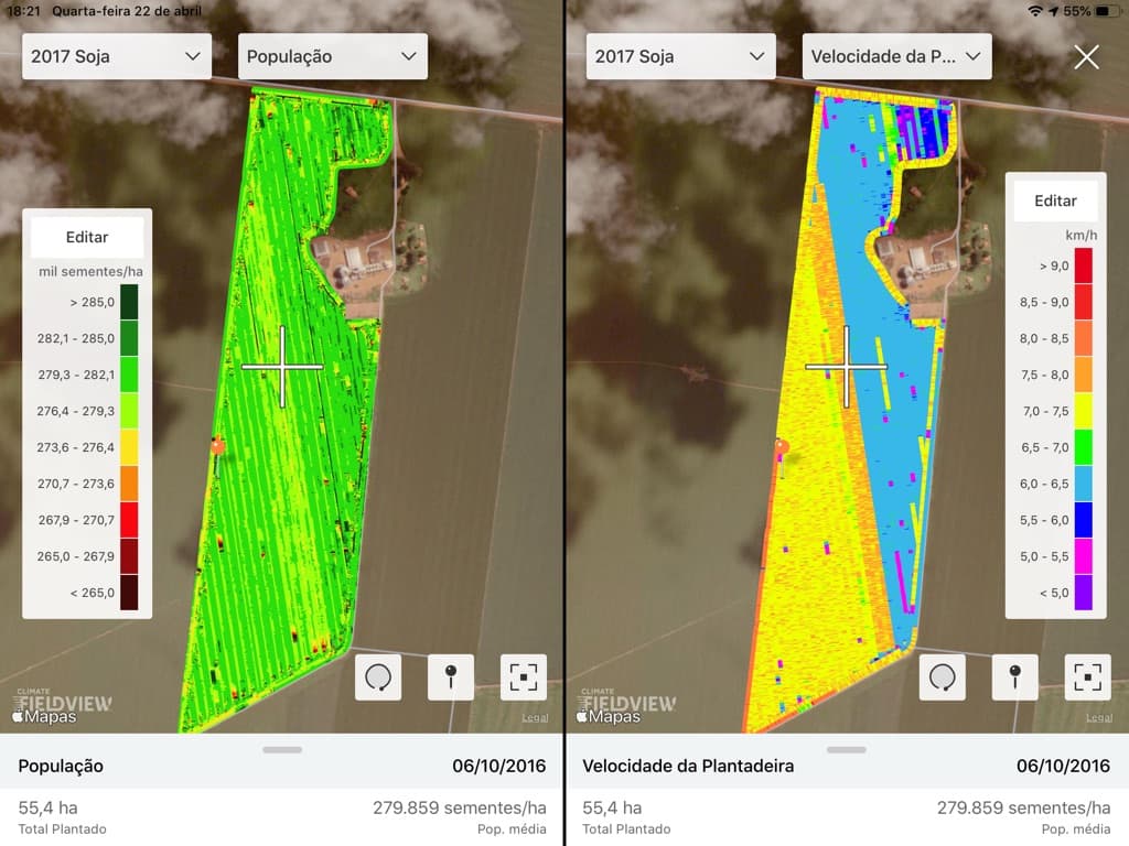 Comparação de mapas mostra a influência da velocidade da plantadeira com a população