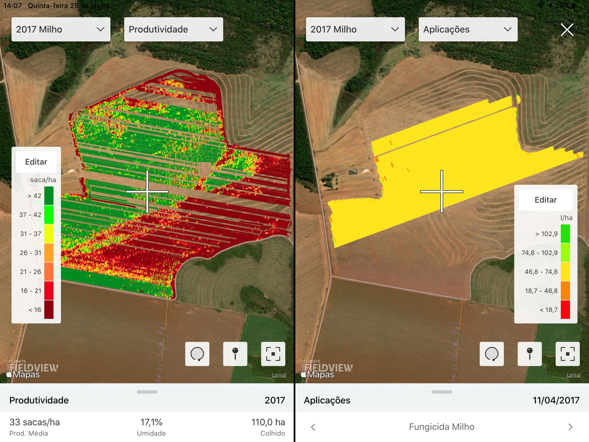 Comparação entre mapa de produtividade com mapa de aplicações na lavoura de milho