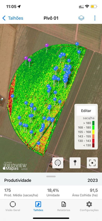 Mapa de produtividade com PINs em áreas com mais nematoides