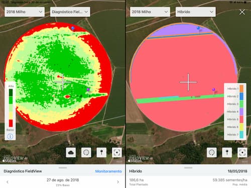 imagem de satélite do Diagnóstico FieldViewTM e o mapa de híbridos plantados na área