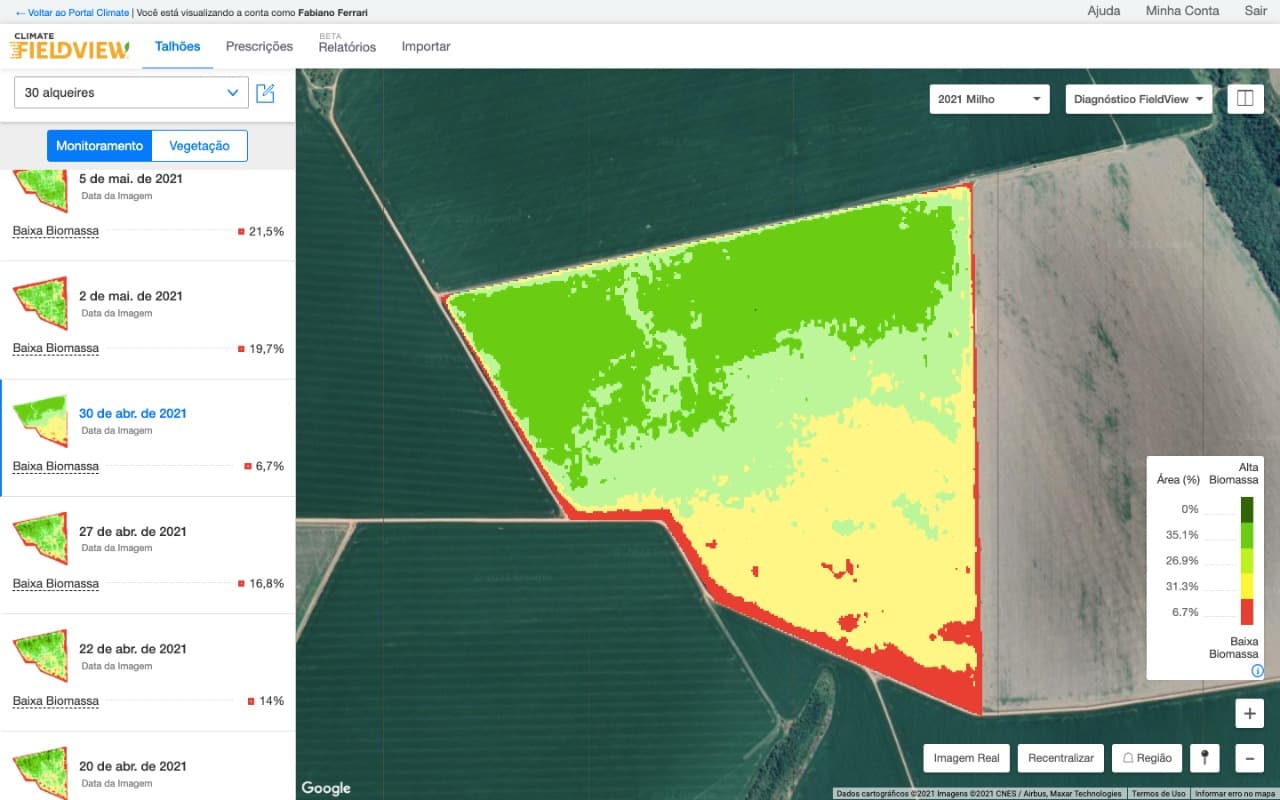 Mapa do Diagnóstico FieldView - imagens mostram áreas do talhão de milho com alto e baixo índice de biomassa