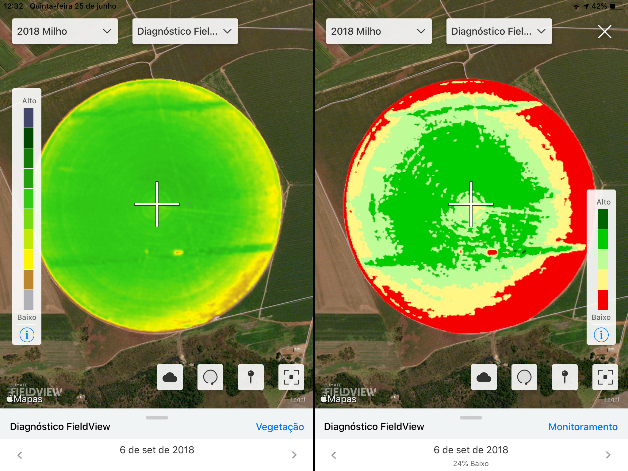 O Diagnóstico FieldView tem 3 tipos de imagens - aqui vemos uma comparação entre mapa de vegetação com mapa de monitoramento de talhão