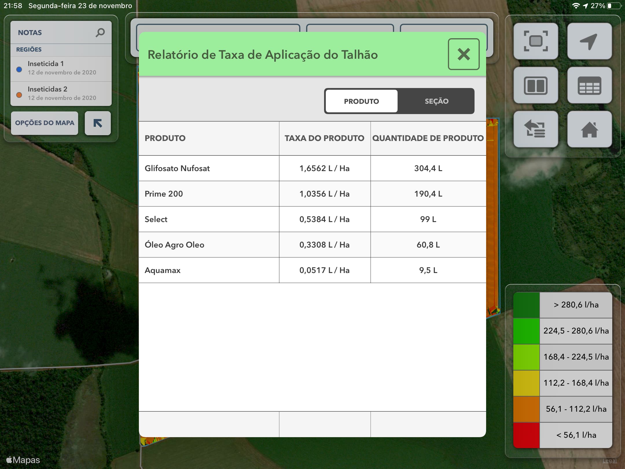 Relatório de pulverização do FieldViewTM Cab