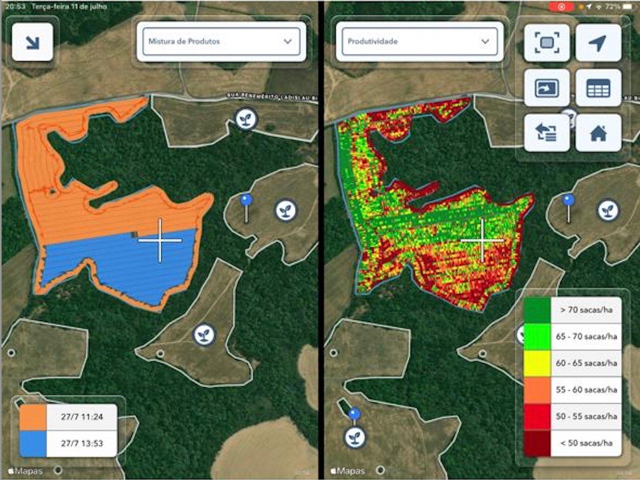 Tela Dividida - Alisson Ruthes compara mapa de aplicação para azevém com mapa de Produtividade das áreas aplicadas