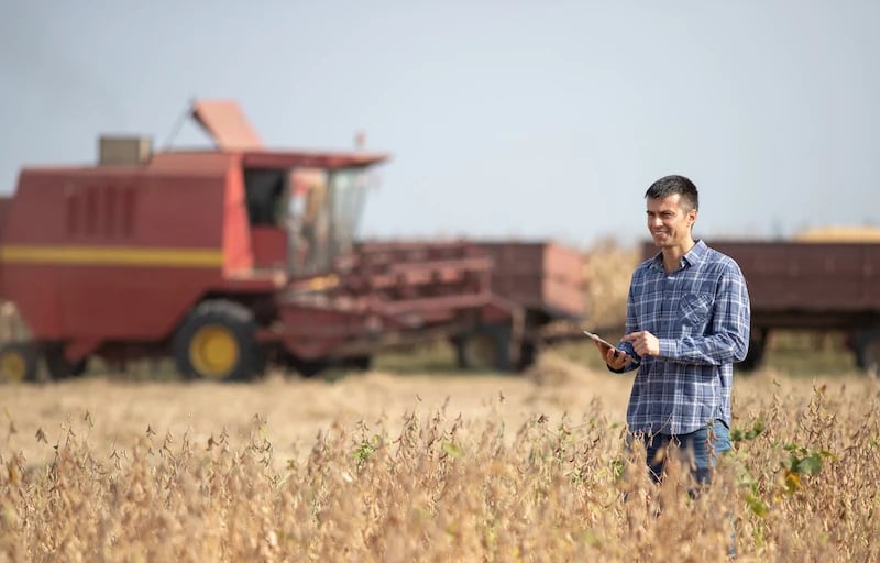Fazendeiro usando o tablet na agricultura
