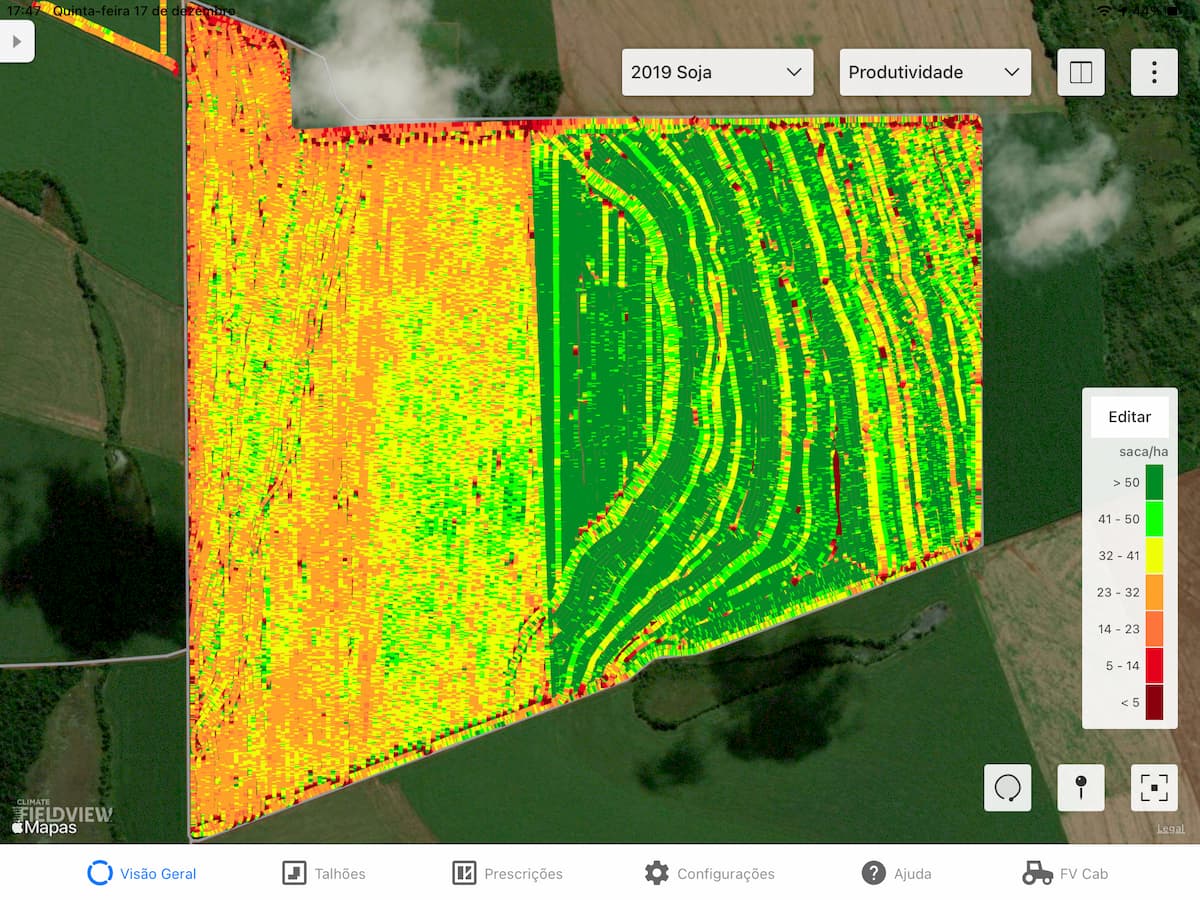 Mapeamento da colheita de soja pelo FV Drive - mapa de produtividade.