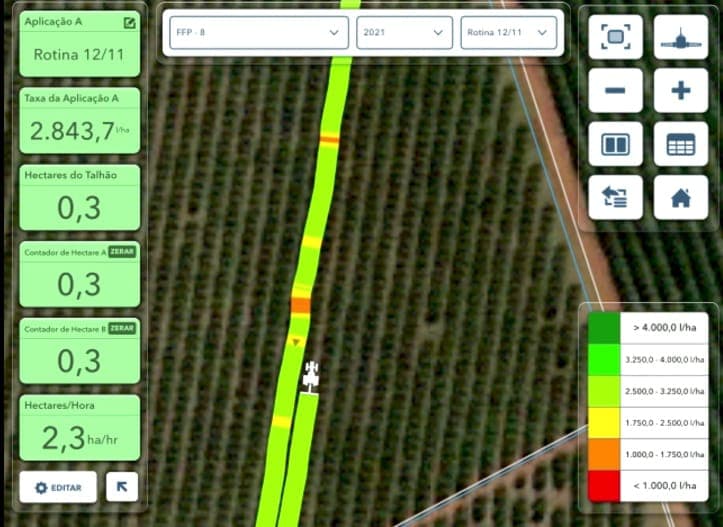 Aplicação de pulverização em citros - a agricultura digital gera mapas que registram diferentes dados sobre a operação.