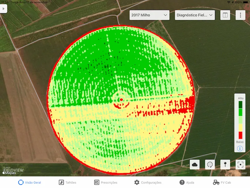 Imagem do Diagnóstico FieldView de uma área ocupada por milho