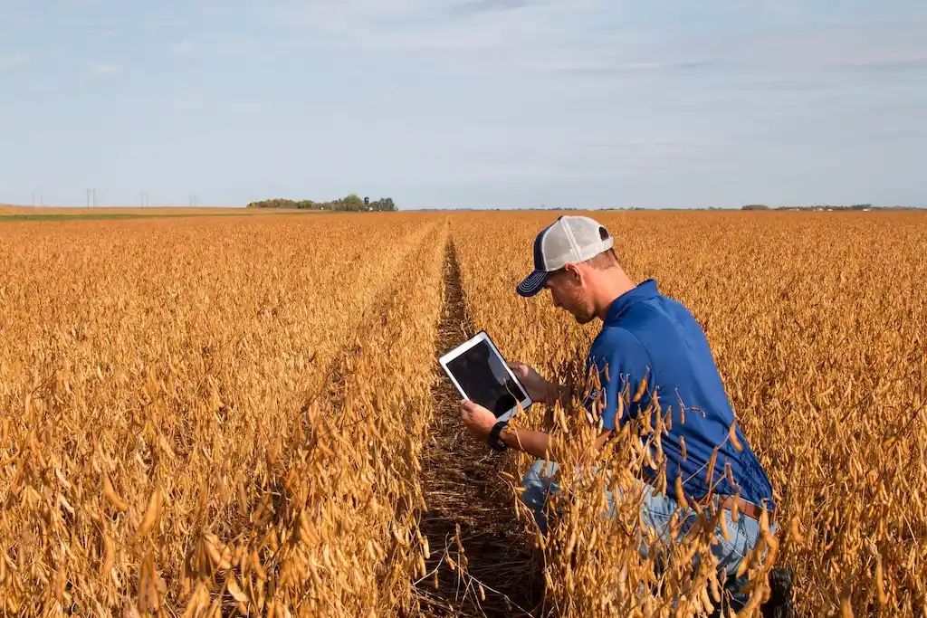 Homem na agricultura operando pelo tablet - Climate FieldView
